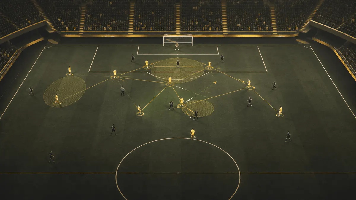 ภาพบล็อกการเพรสแดนบนพร้อมพื้นที่เข้าปะทะและเส้นส่งบอลระยะสั้น